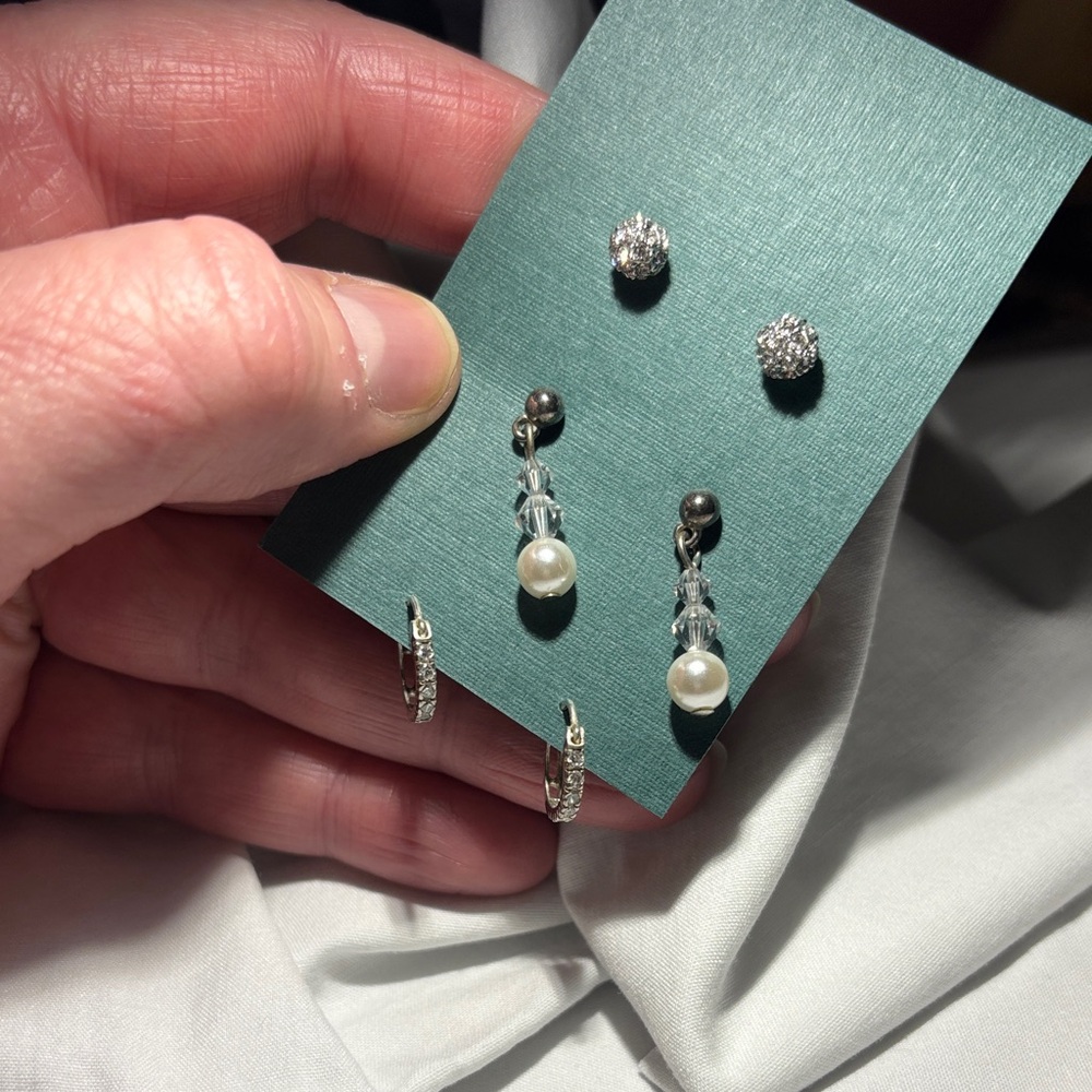 Pearl & Crystal Silver-Tone Drop Earrings - White-3 Pairs